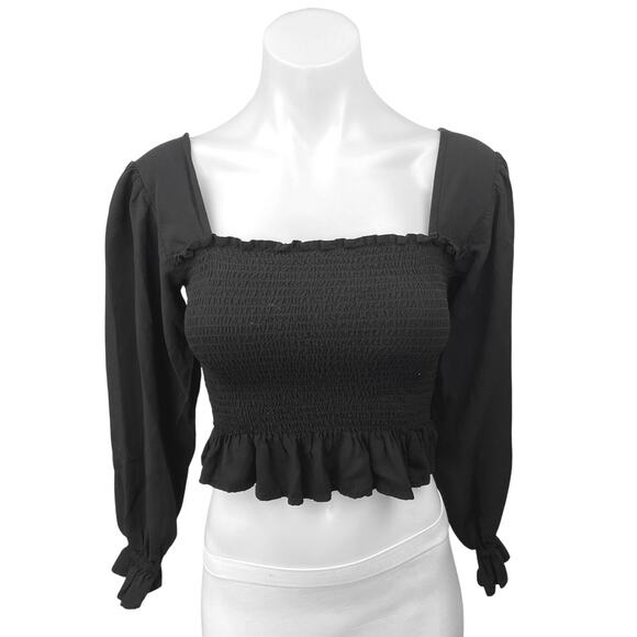 Nordstrom BP Black Smocked Ruffle Balloon Sleeve Square Neck Crop Blouse Top XXS - Picture 1 of 5